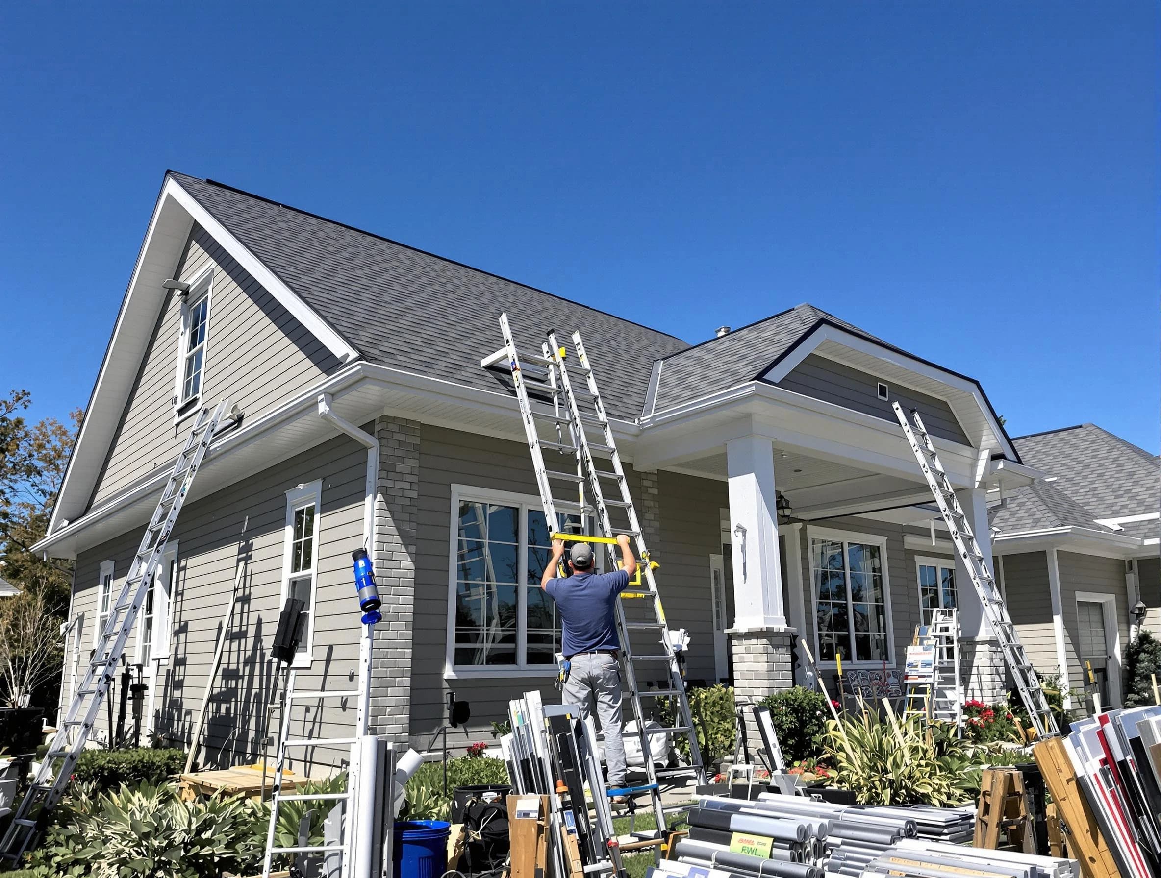Cleveland OH Roofers fitting rain gutters at a home in Cleveland, OH